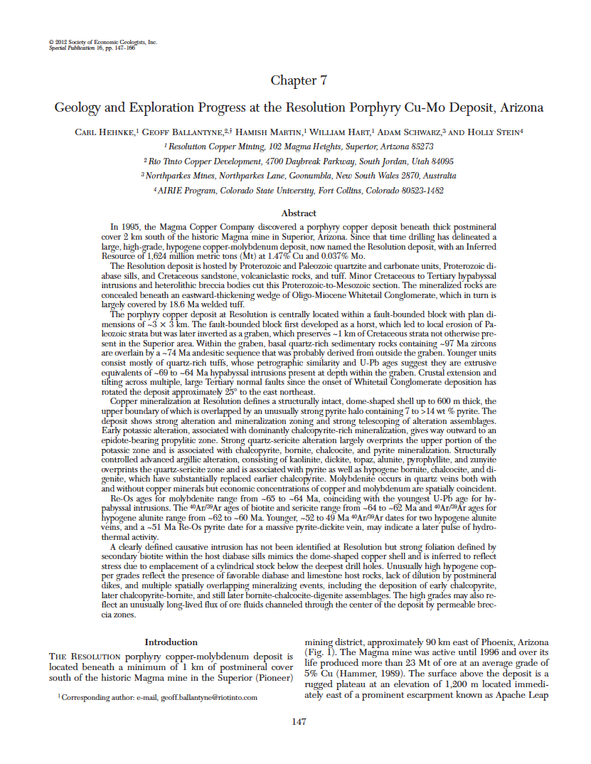 Thumbnail image of document cover: Geology and Exploration Progress at the Resolution Porphyry Cu-Mo Deposit, Arizona