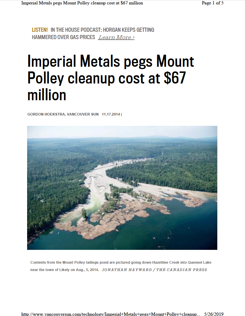 Thumbnail image of document cover: Imperial Metals Pegs Mount Polley Cleanup Cost at $67 Million