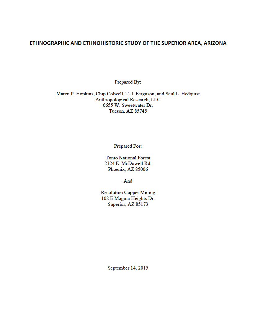 Thumbnail image of document cover: Ethnographic and Ethnohistoric Study of the Superior Area, Arizona