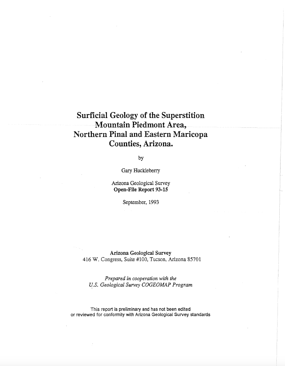 Thumbnail image of document cover: Surficial Geology of the Superstition Mountain Piedmont Area, Northern Pinal and Eastern Maricopa Counties, Arizona