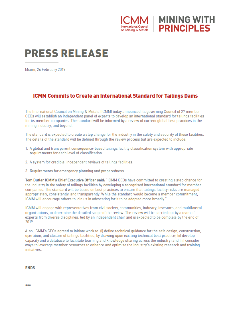 Thumbnail image of document cover: ICMM Commits to Create an International Standard for Tailings Dams