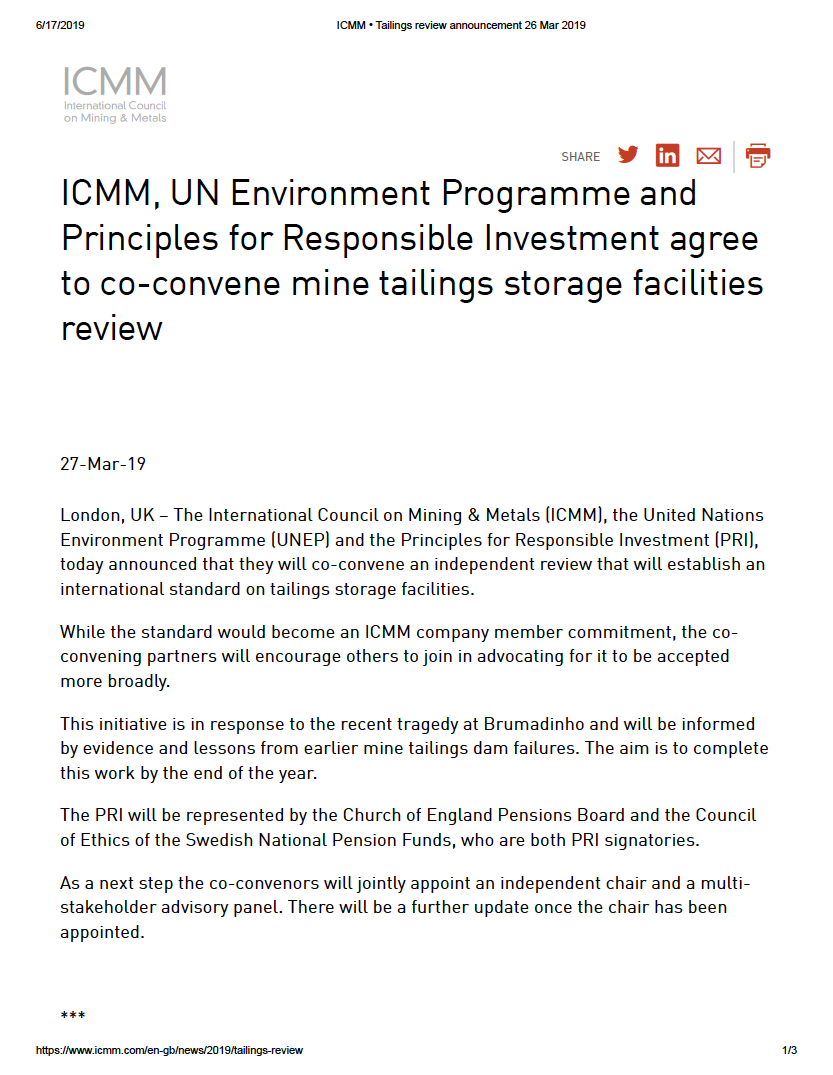 Thumbnail image of document cover: ICMM, UN Environment Programme and Principals for Responsible Investment Agree to Co-convene Mine Tailings Storage Facilities Review