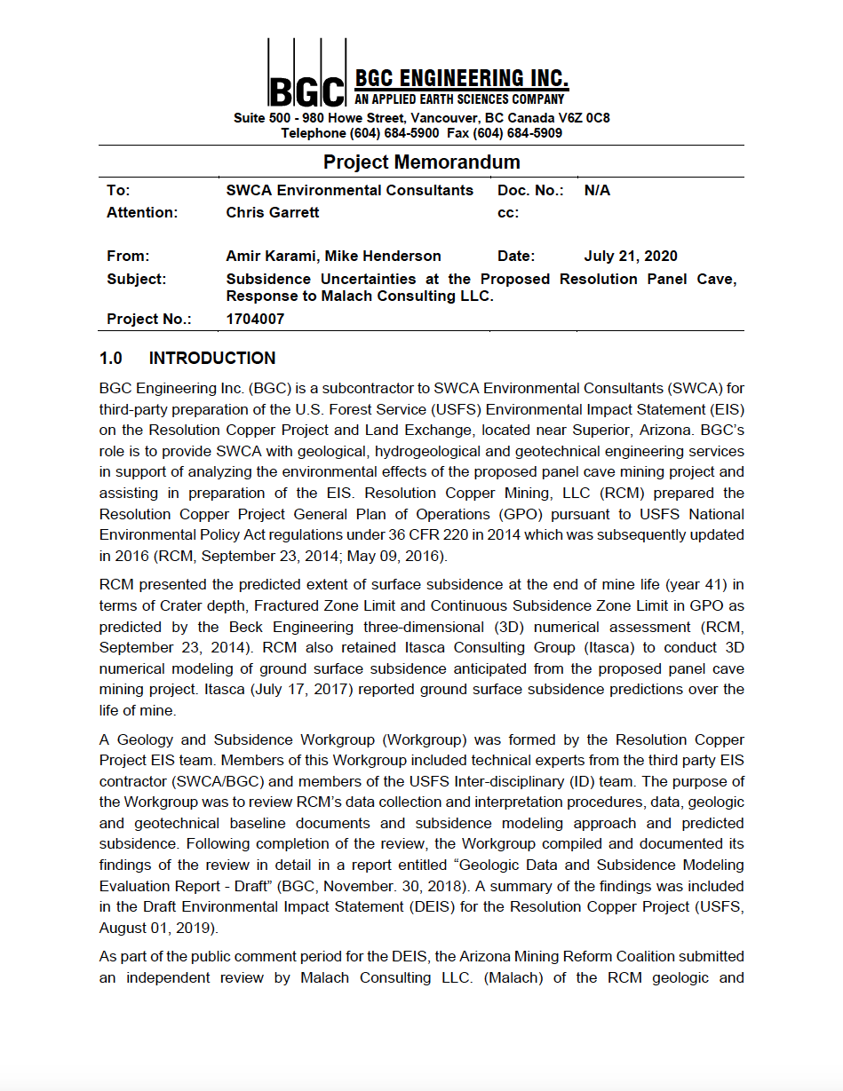 Thumbnail image of document cover: Subsidence Uncertainties at the Proposed Resolution Panel Cave, Response to Malach Consulting LLC