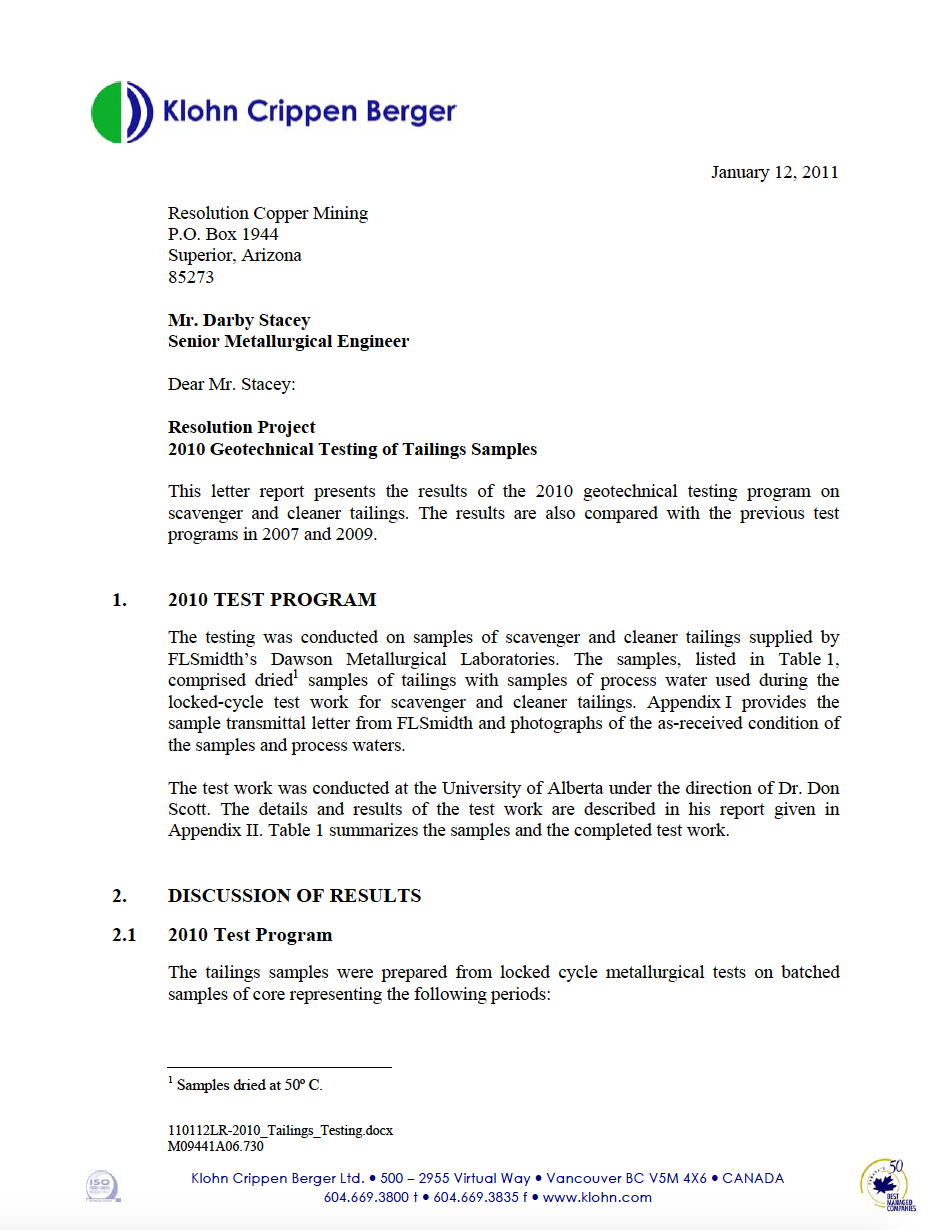 Thumbnail image of document cover: Resolution Project 2010 Geotechnical Testing of Tailings Samples