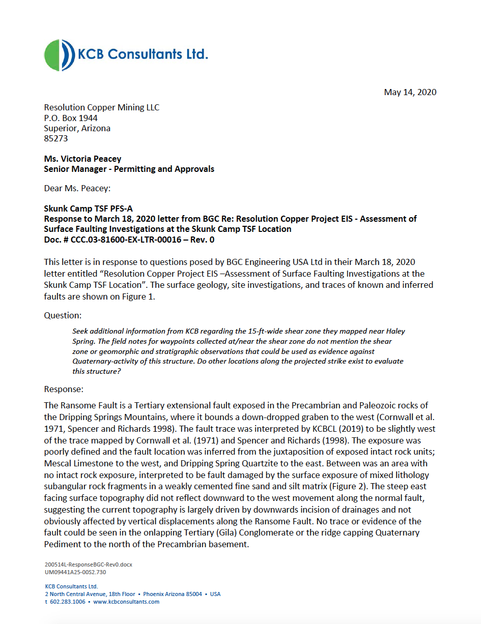 Thumbnail image of document cover: Response to March 18, 2020 letter from BGC Re: Resolution Copper Project EIS - Assessment of Surface Faulting Investigations at the Skunk Camp TSF Location