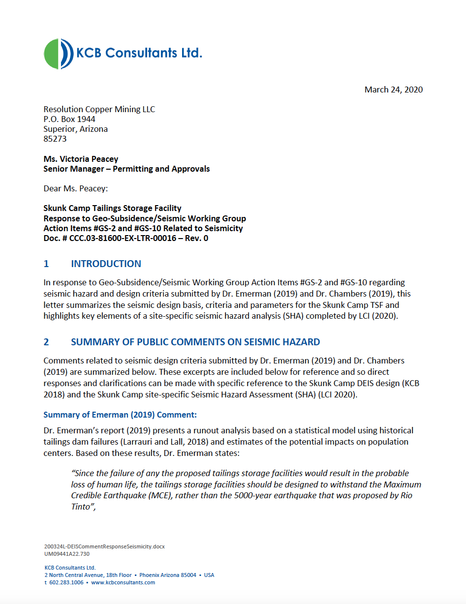 Thumbnail image of document cover: Skunk Camp Tailings Storage Facility, Response to Geo-Subsidence/Seismic Working Group Action Items #GS-2 and #GS-10, Related to Seismicity