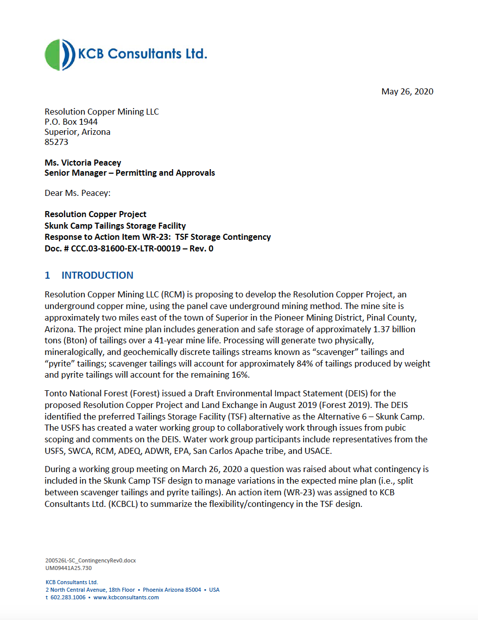 Thumbnail image of document cover: Skunk Camp Tailings Storage Facility, Response to Action Item WR-23: TSF Storage Contingency