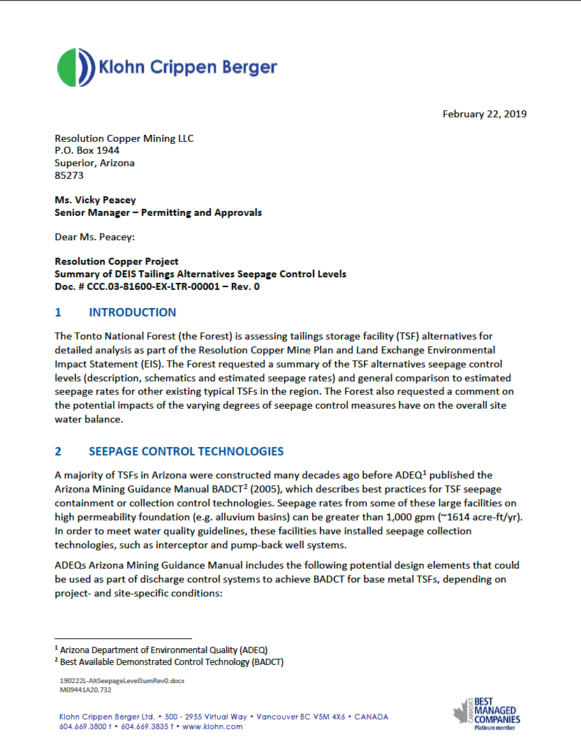 Thumbnail image of document cover: Summary of DEIS Tailings Alternatives Seepage Control Levels