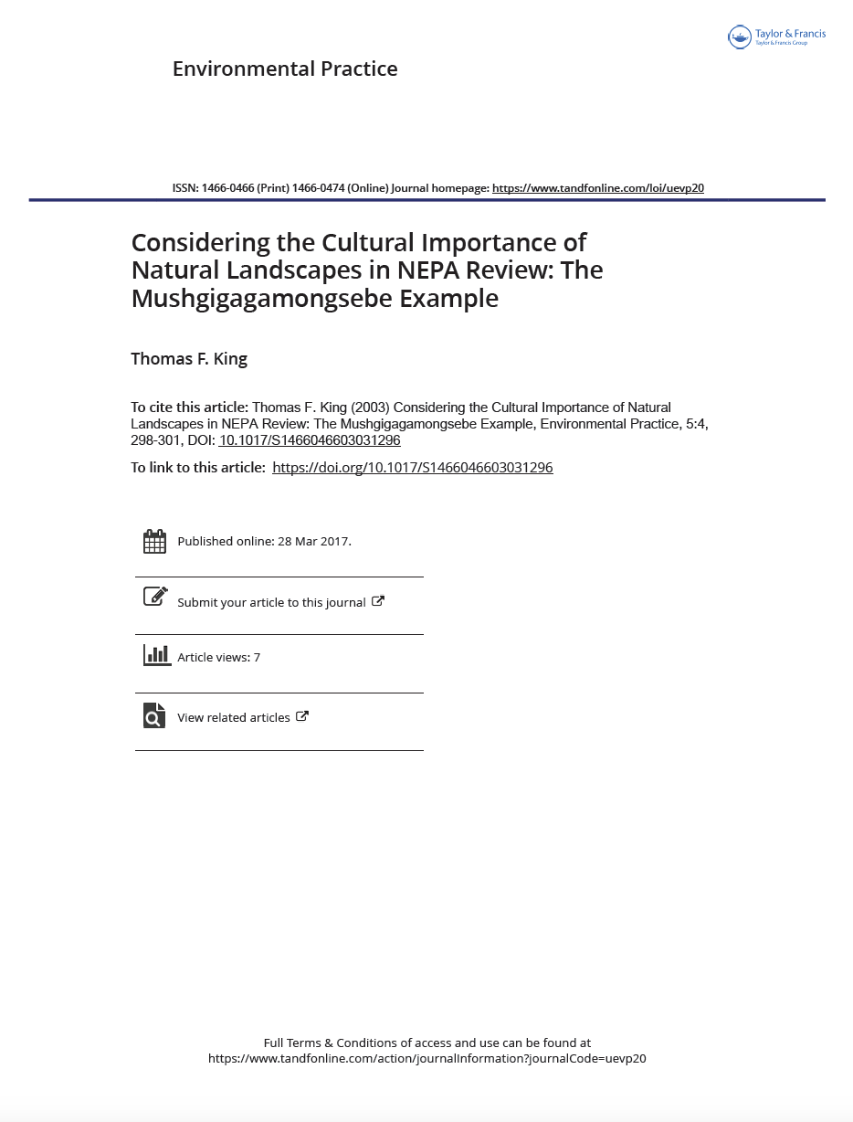 Thumbnail image of document cover: Considering the Cultural Importance of Natural Landscapes in NEPA Review: The Mushgigamongsebe Example