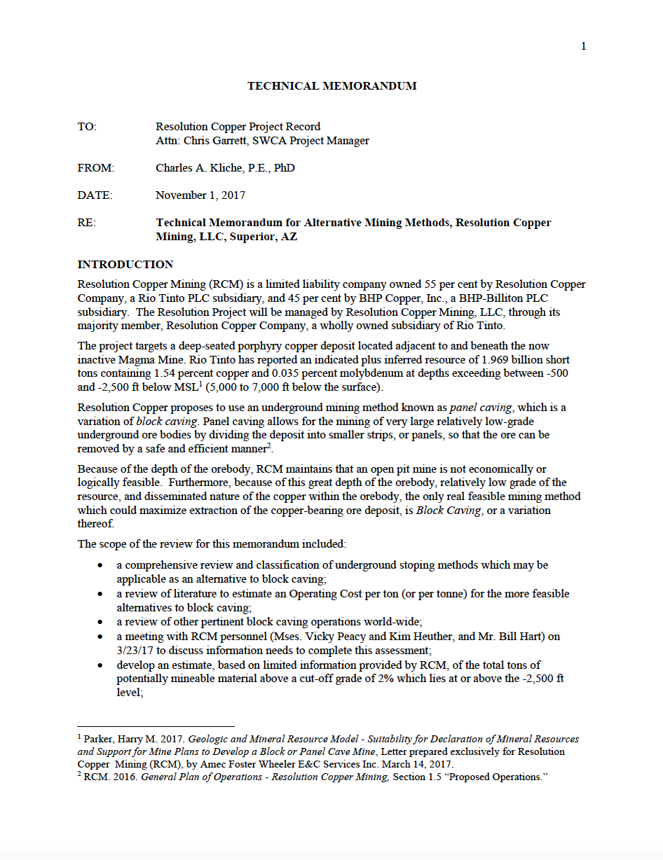 Thumbnail image of document cover: Alternative Mining Methods, Resolution Copper Mining, LLC, Superior, AZ