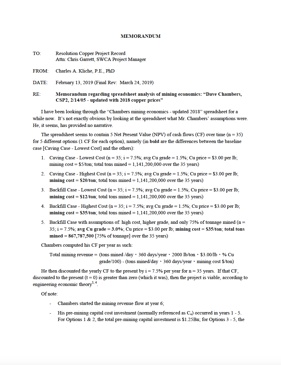 Thumbnail image of document cover: Memorandum Regarding Spreadsheet Analysis of Mining Economics: “Dave Chambers, CSP2, 2/14/05 - Updated with 2018 Copper Prices”