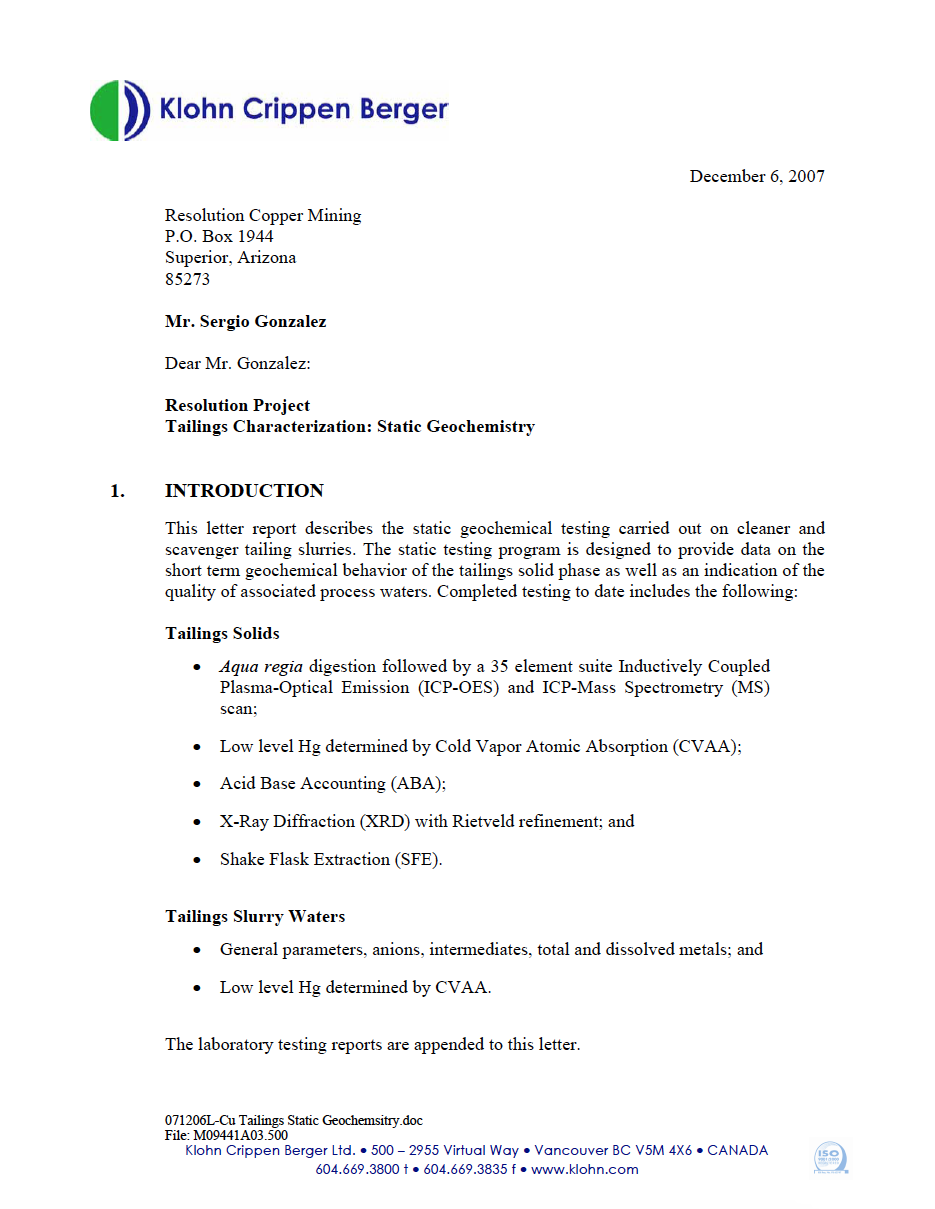 Thumbnail image of document cover: Resolution Project Tailings Characterization: Static Geochemistry