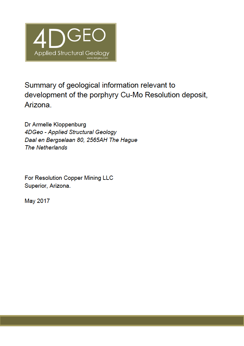 Thumbnail image of document cover: Summary of Geological Information Relevant to Development of the Porphyry Cu-Mo Resolution Deposit, Arizona