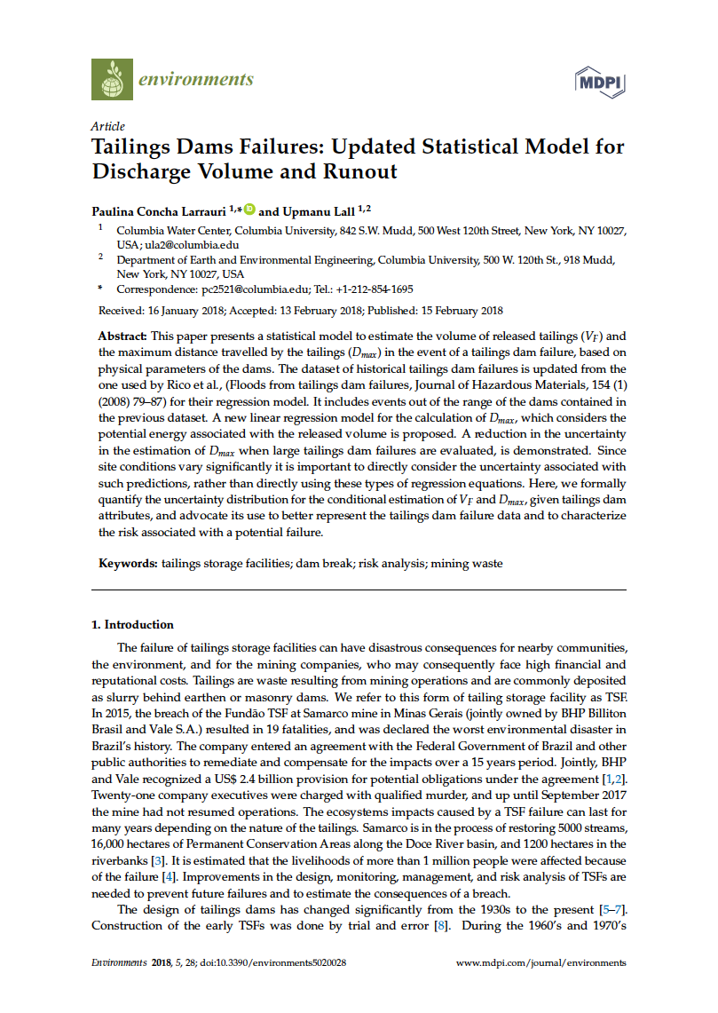 Thumbnail image of document cover: Tailings Dam Failures: Updated Statistical Model for Discharge Volume and Runout