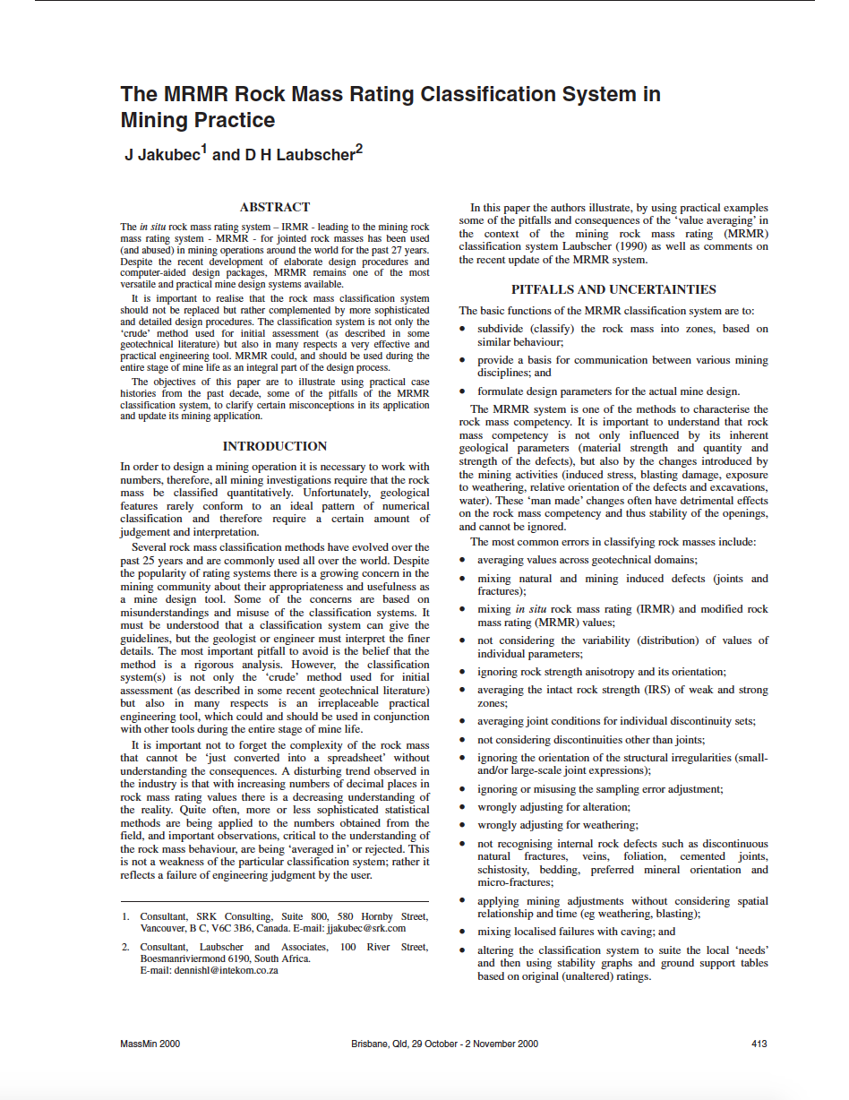 Thumbnail image of document cover: The MRMR Rock Mass Rating Classification System in Mining Practice