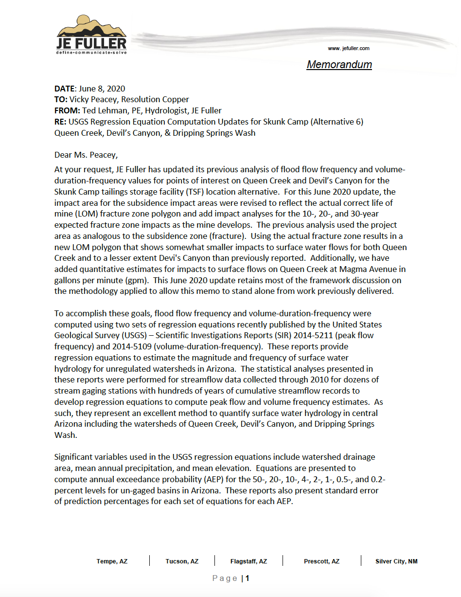 Thumbnail image of document cover: USGS Regression Equation Computation Updates for Skunk Camp (Alternative 6) Queen Creek, Devil’s Canyon, and Dripping Springs Wash