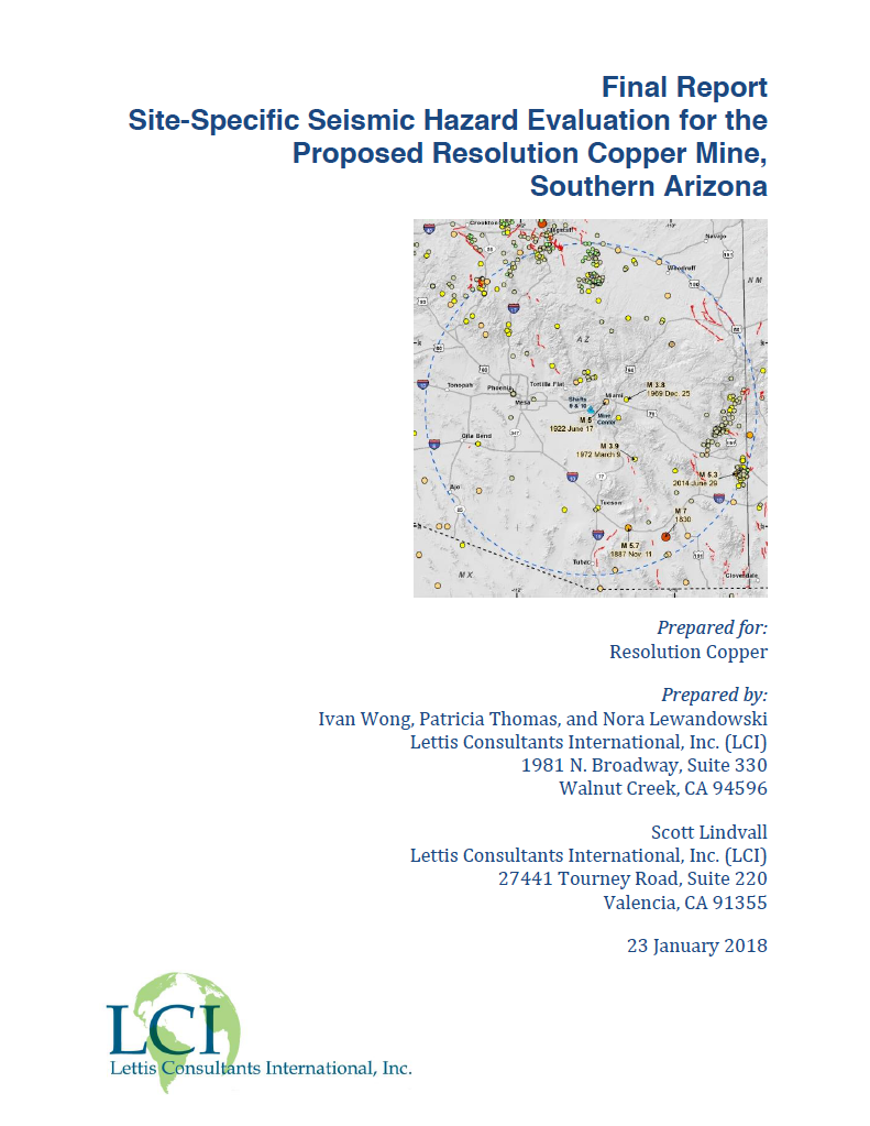 Thumbnail image of document cover: Site-Specific Seismic Hazard Evaluation for the Proposed Resolution Copper Mine, Southern Arizona