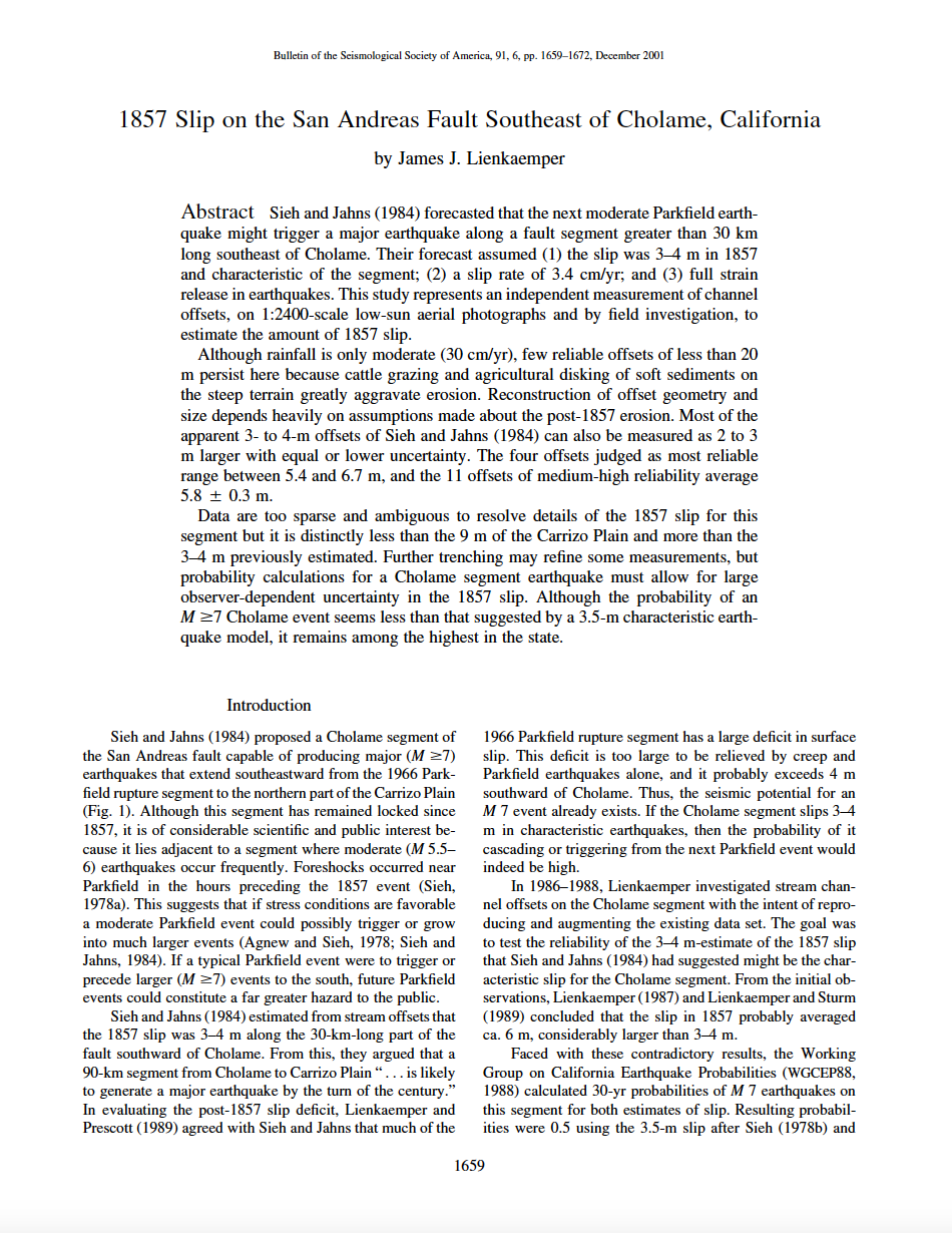 Thumbnail image of document cover: 1857 Slip on the San Andreas Fault Southeast of Cholame, California