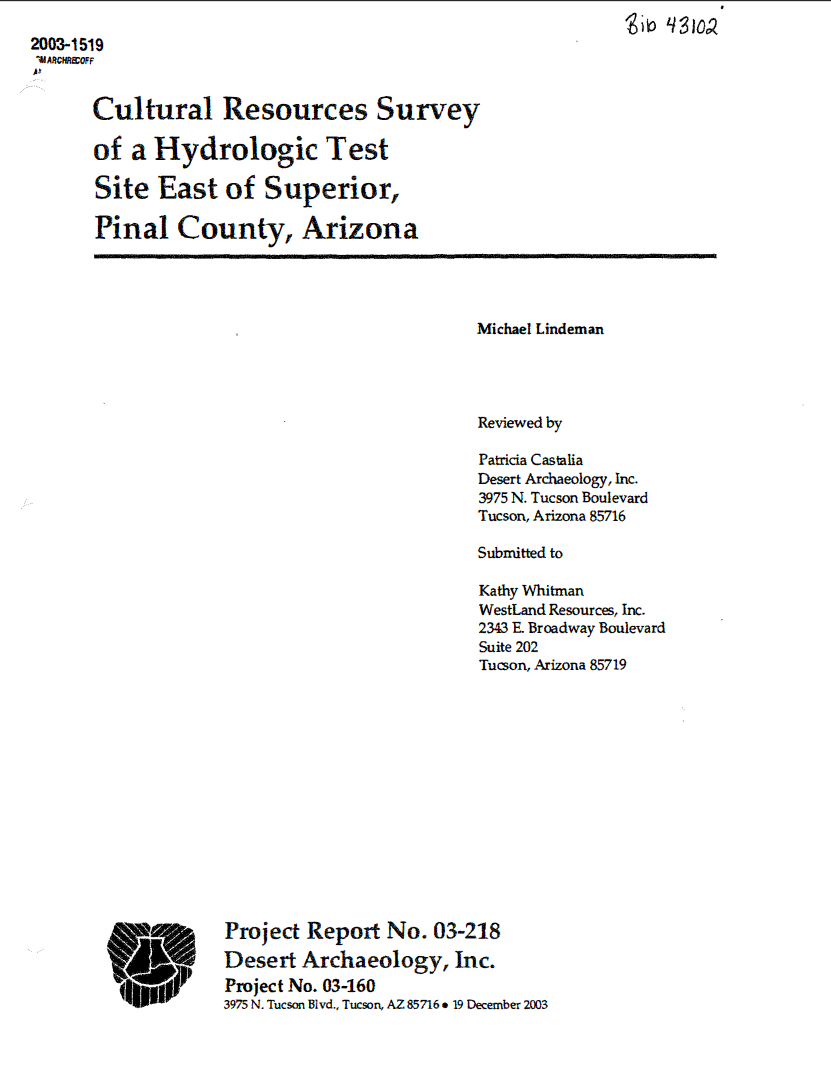 Thumbnail image of document cover: Cultural Resources Survey of a Hydrologic Test Site East of Superior, Pinal County, Arizona