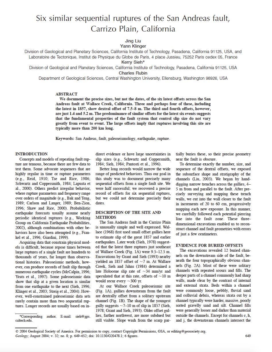 Thumbnail image of document cover: Six Similar Sequential Ruptures of the San Andreas Fault, Carrizo Plain, California