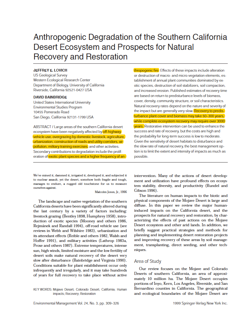 Thumbnail image of document cover: Anthropogenic Degradation of the Southern California Desert Ecosystem and Prospects for Natural Recovery and Restoration