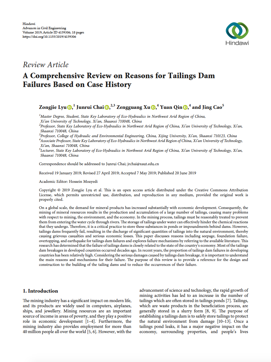 Thumbnail image of document cover: A Comprehensive Review on Reasons for Tailings Dam Failures Based on Case History