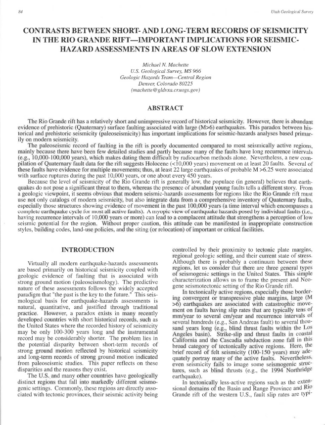 Thumbnail image of document cover: Contrasts Between Short- and Long-Term Records of Seismicity in the Rio Grande Rift – Important Implications for Seismic Hazard Assessments in Areas of Slow Extension