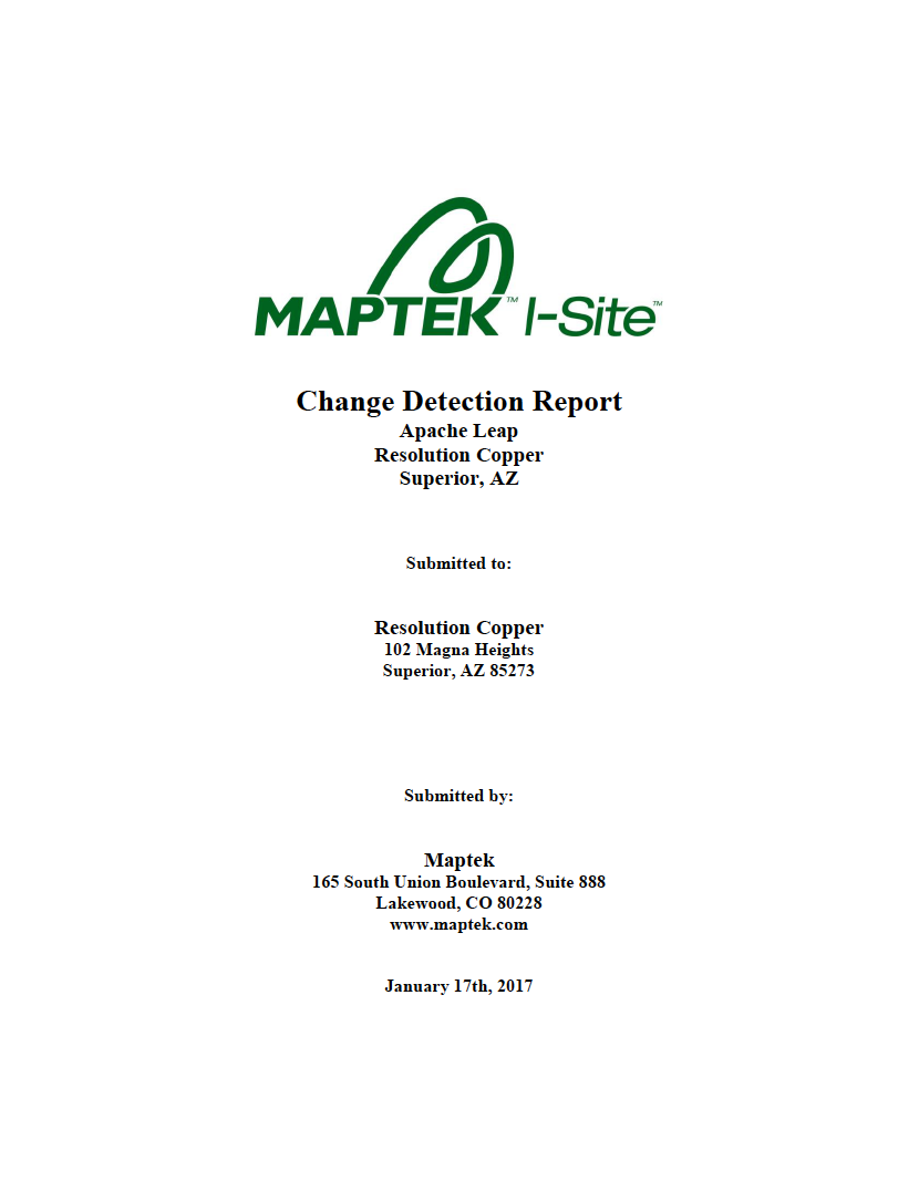 Thumbnail image of document cover: Change Detection Report: Apache Leap, Resolution Copper, Superior, AZ