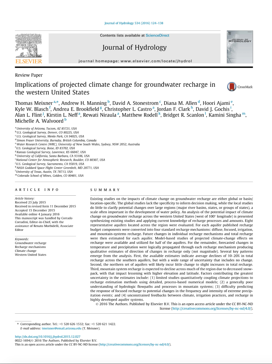 Thumbnail image of document cover: Implications of Projected Climate Change for Groundwater Recharge in the Western United States