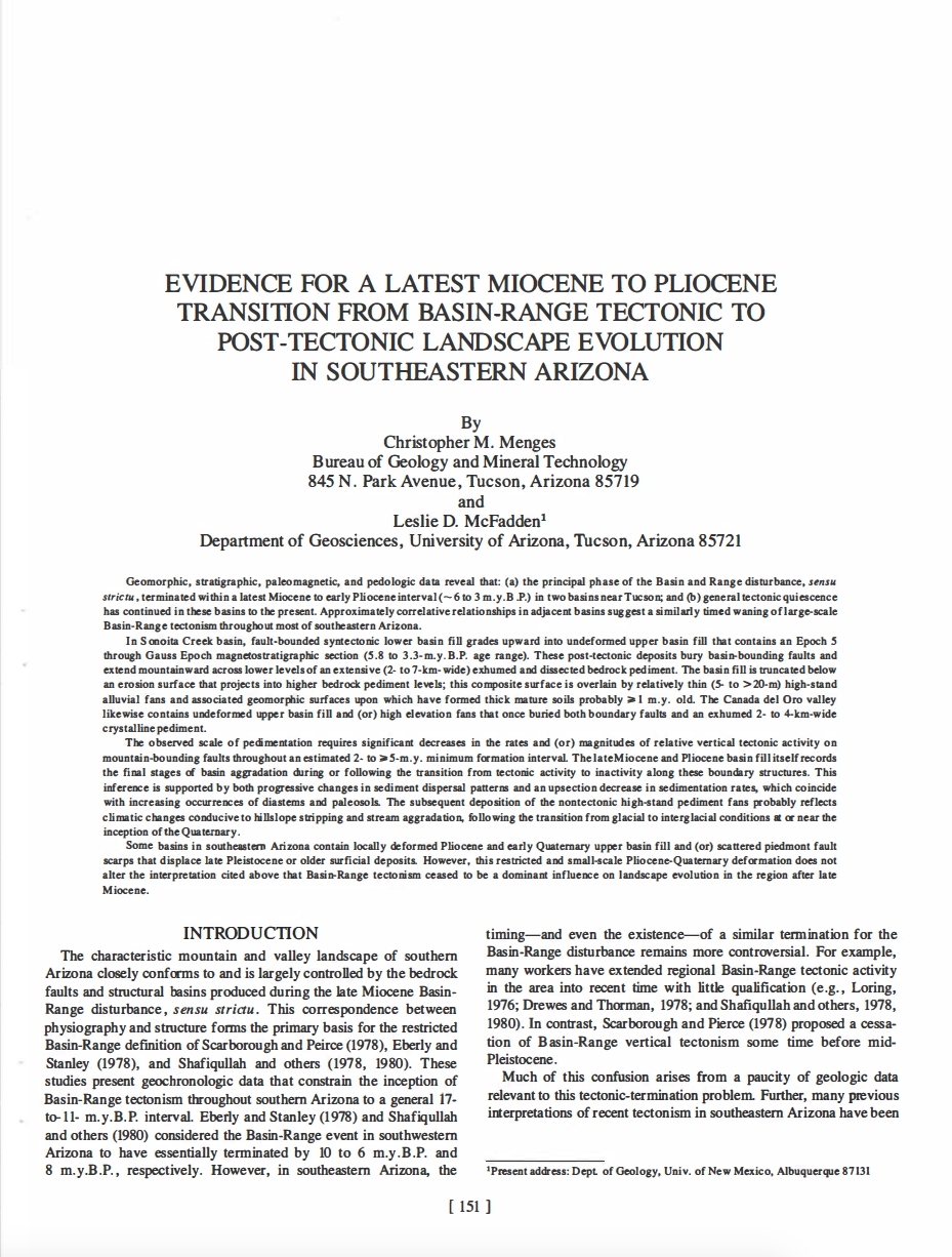 Thumbnail image of document cover: Evidence for the Latest-Miocene to Pliocene Transition from Basin-Range Tectonic to Post-Tectonic Landscape Evolution in Southeastern Arizona