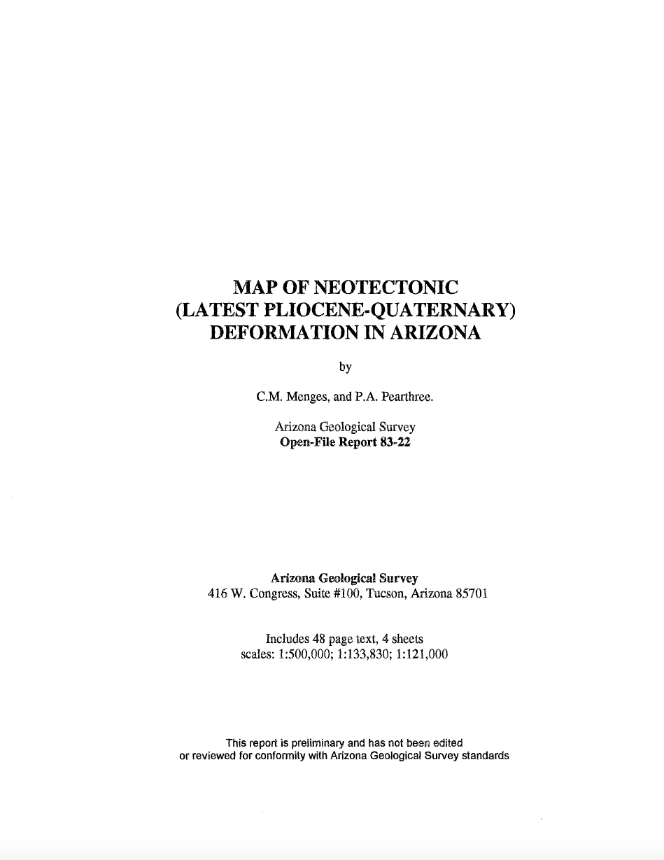 Thumbnail image of document cover: Map of Neotectonic (Latest Pliocene-Quarternary) Deformation in Arizona