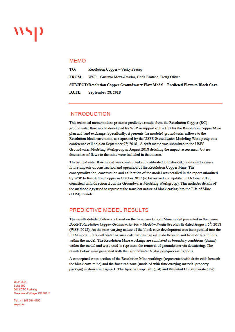 Thumbnail image of document cover: Resolution Copper Groundwater Flow Model - Predicted Flows to Block Cave