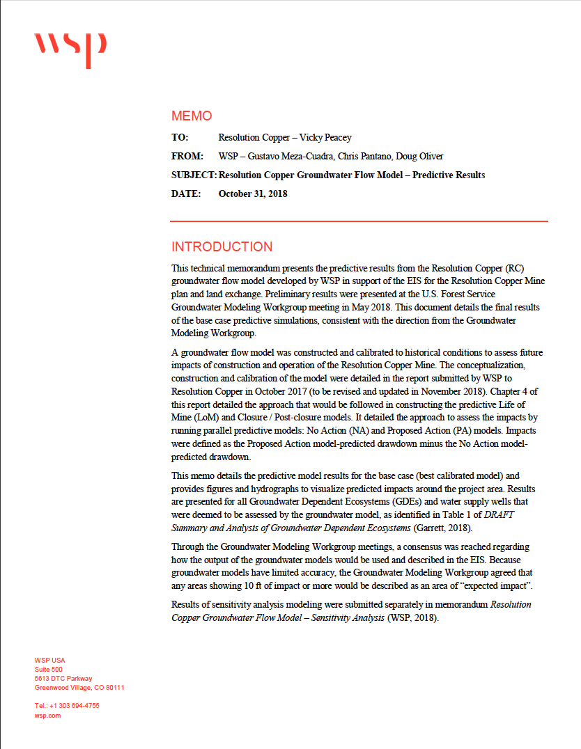 Thumbnail image of document cover: Resolution Copper Groundwater Flow Model - Predictive Results