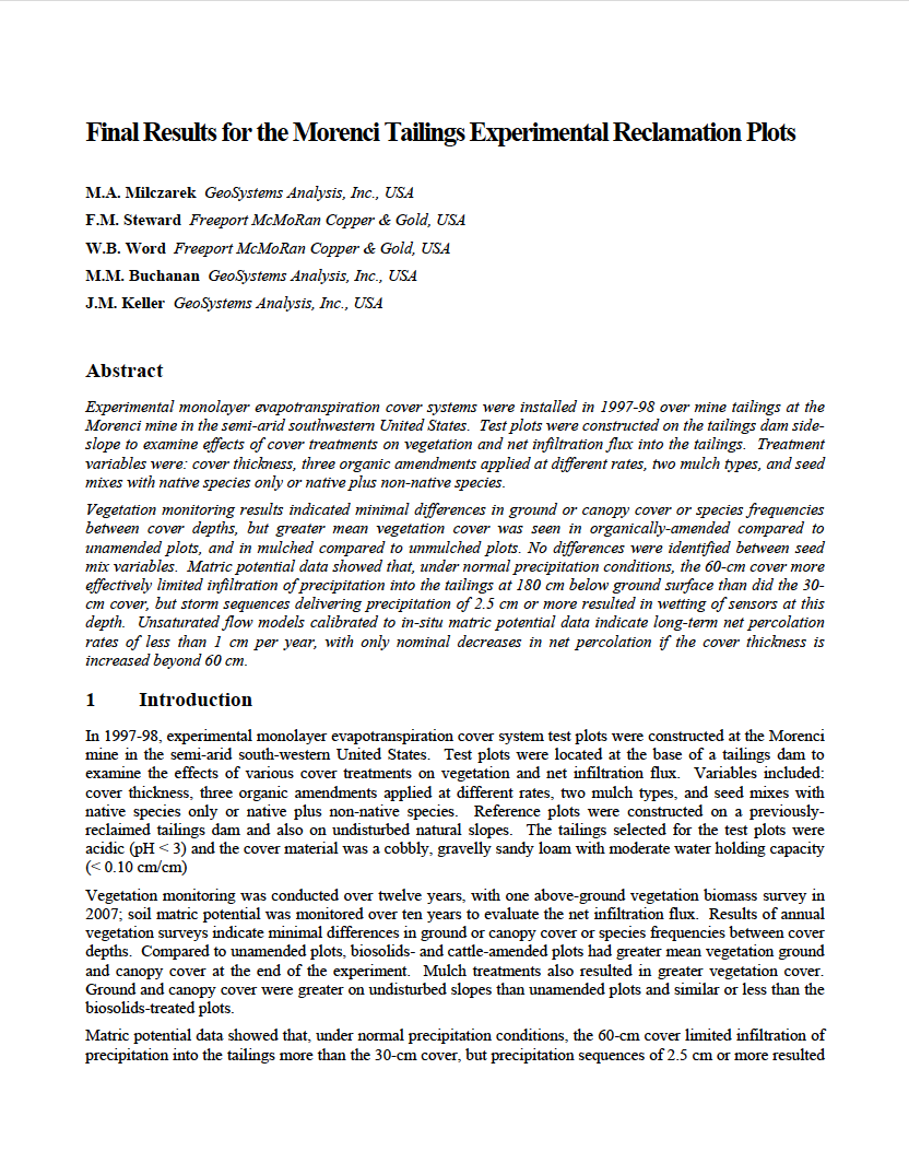 Thumbnail image of document cover: Final Results for the Morenci Tailings Experimental Reclamation Plots