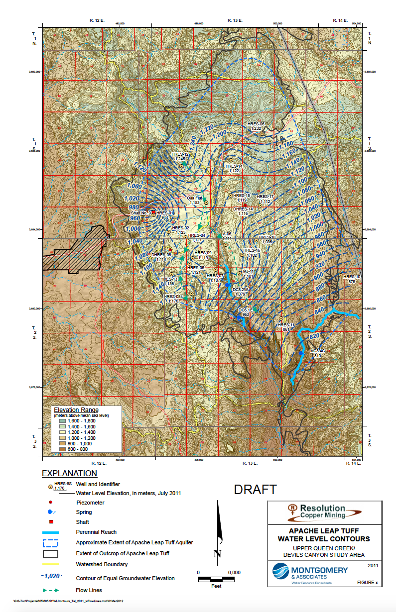 Thumbnail image of document cover: Apache Leap Tuff Water Level Contours Upper Queen Creek/Devils Canyon Study Area (Map)