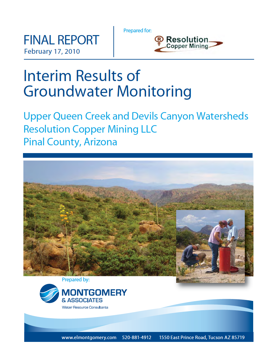 Thumbnail image of document cover: Interim Results of Groundwater Monitoring: Upper Queen Creek and Devils Canyon Watersheds, Resolution Copper Mining LLC, Pinal County, Arizona