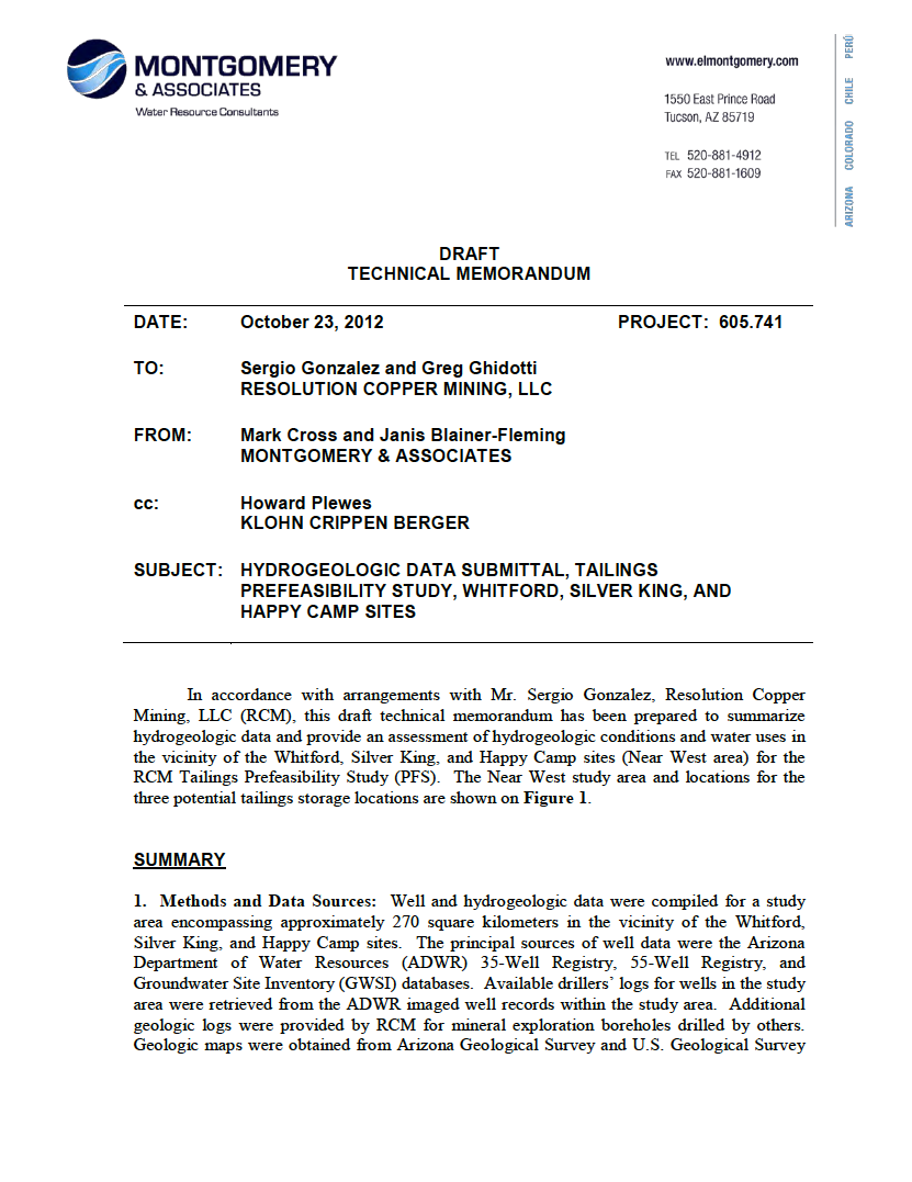 Thumbnail image of document cover: Hydrogeologic Data Submittal, Tailings Prefeasibility Study, Whitford, Silver King, and Happy Camp Sites