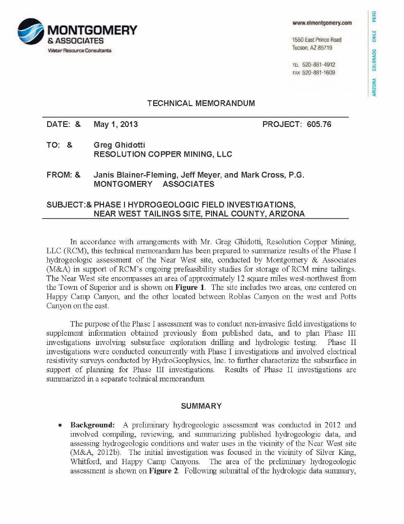 Thumbnail image of document cover: Phase I Hydrogeologic Field Investigations, Near West Tailings Site, Pinal County, Arizona