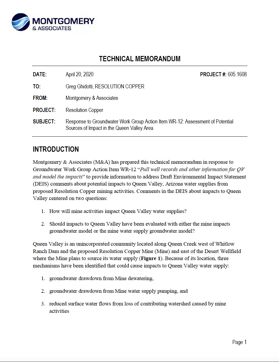Thumbnail image of document cover: Response to Groundwater Work Group Action item WR-12: Assessment of Potential Sources of Impact in the Queen Valley Area