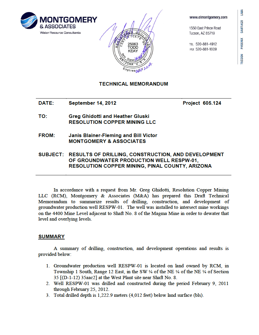 Thumbnail image of document cover: Results of Drilling, Construction, and Development of Groundwater Production Well RESPW-01