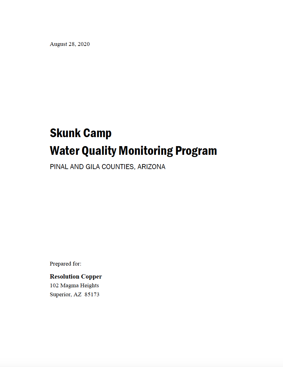 Thumbnail image of document cover: Skunk Camp Water Quality Monitoring Program, Pinal and Gila Counties, Arizona