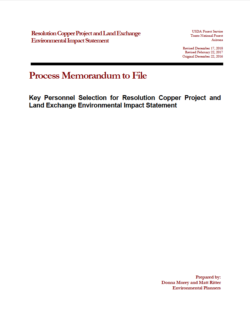 Thumbnail image of document cover: Key Personnel Selection for Resolution Copper Project and Land Exchange Environmental Impact Statement