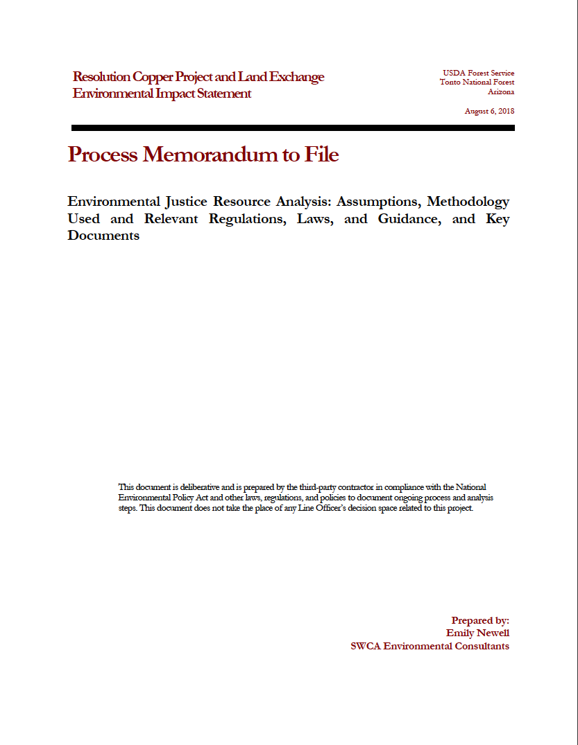 Thumbnail image of document cover: Environmental Justice Resource Analysis: Assumptions, Methodology Used and Relevant Regulations, Laws, and Guidance, and Key Documents