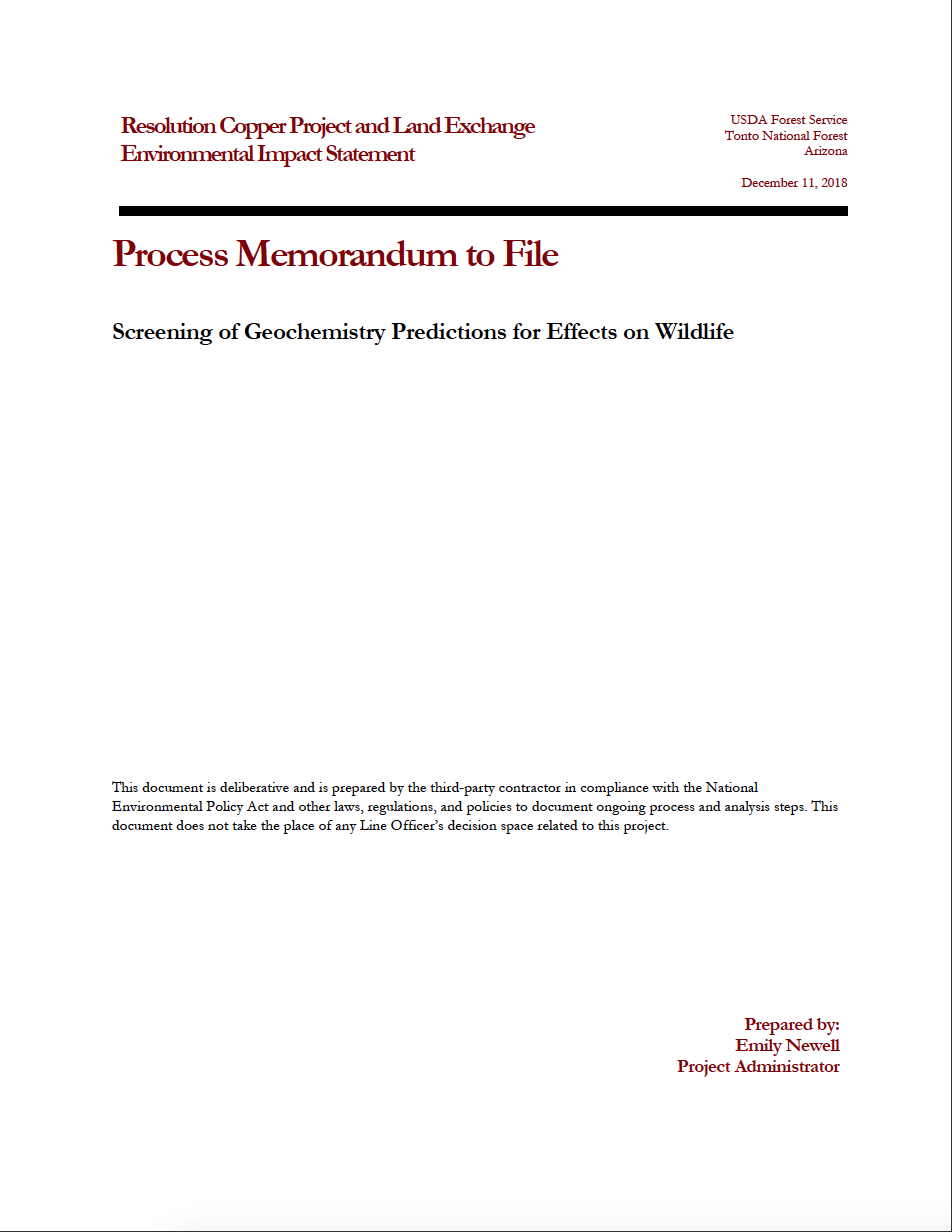 Thumbnail image of document cover: Screening of Geochemistry Predictions for Effects on Wildlife