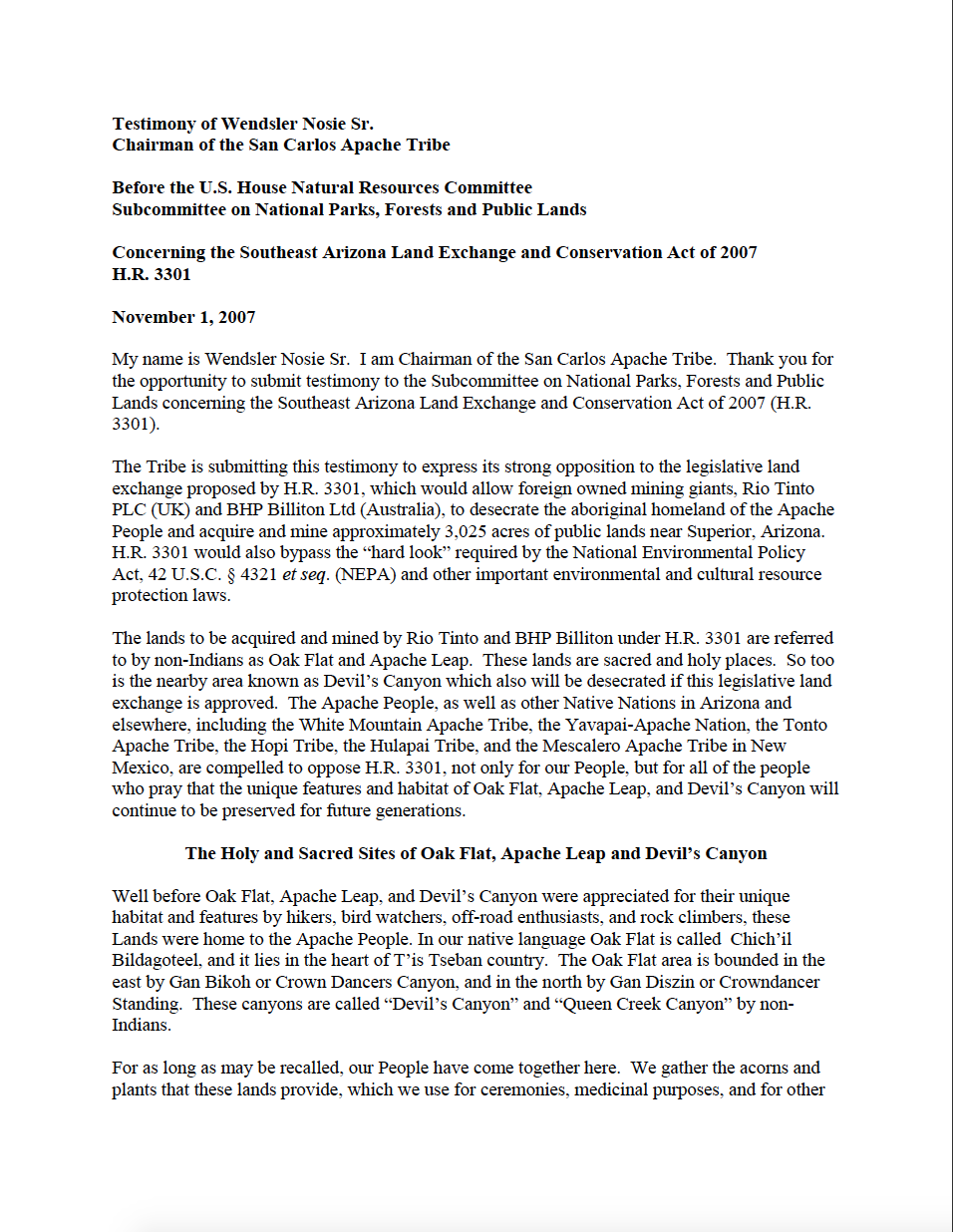 Thumbnail image of document cover: Testimony Before the U.S. House Natural Resources Committee, Subcommittee on National Parks, Forests and Public Lands: Concerning the Southeast Arizona Land Exchange and Conservation Act of 2007 H.R. 3301