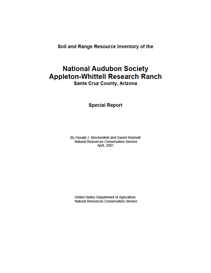 Thumbnail image of document cover: Soil and Range Resource Inventory of the National Audubon Society Appleton-Whittell Research Ranch, Santa Cruz County, Arizona