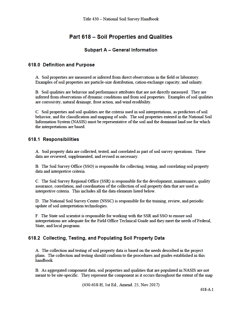 Thumbnail image of document cover: Title 430 -VI - National Soil Survey Handbook, Part 618 - Soil Properties and Qualities, Subpart A - General Information