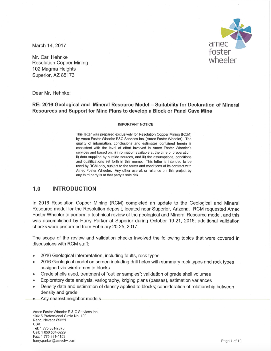 Thumbnail image of document cover: 2016 Geological and Mineral Resource Model - Suitability for Declaration of Mineral Resources and Support for Mine Plans to Develop a Block or Panel Cave Mine
