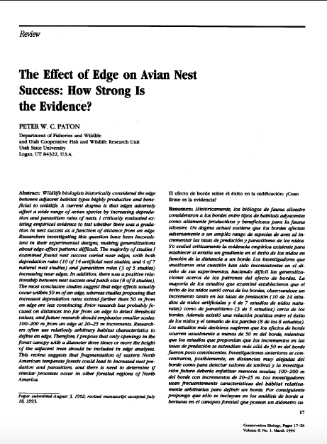 Thumbnail image of document cover: The Effect of Edge on Avian Nest Success: How Strong is the Evidence?