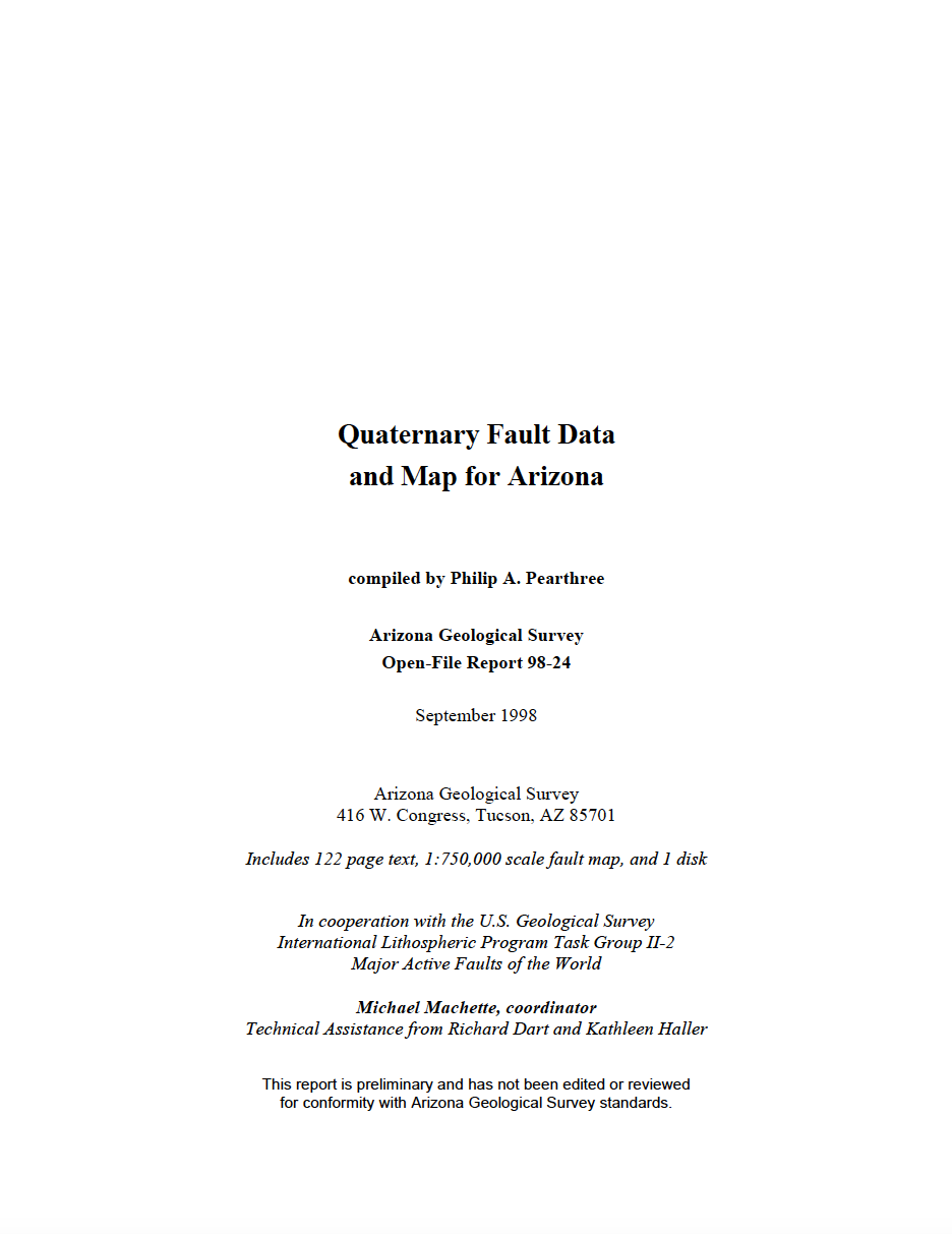 Thumbnail image of document cover: Quaternary Fault Data and Map for Arizona